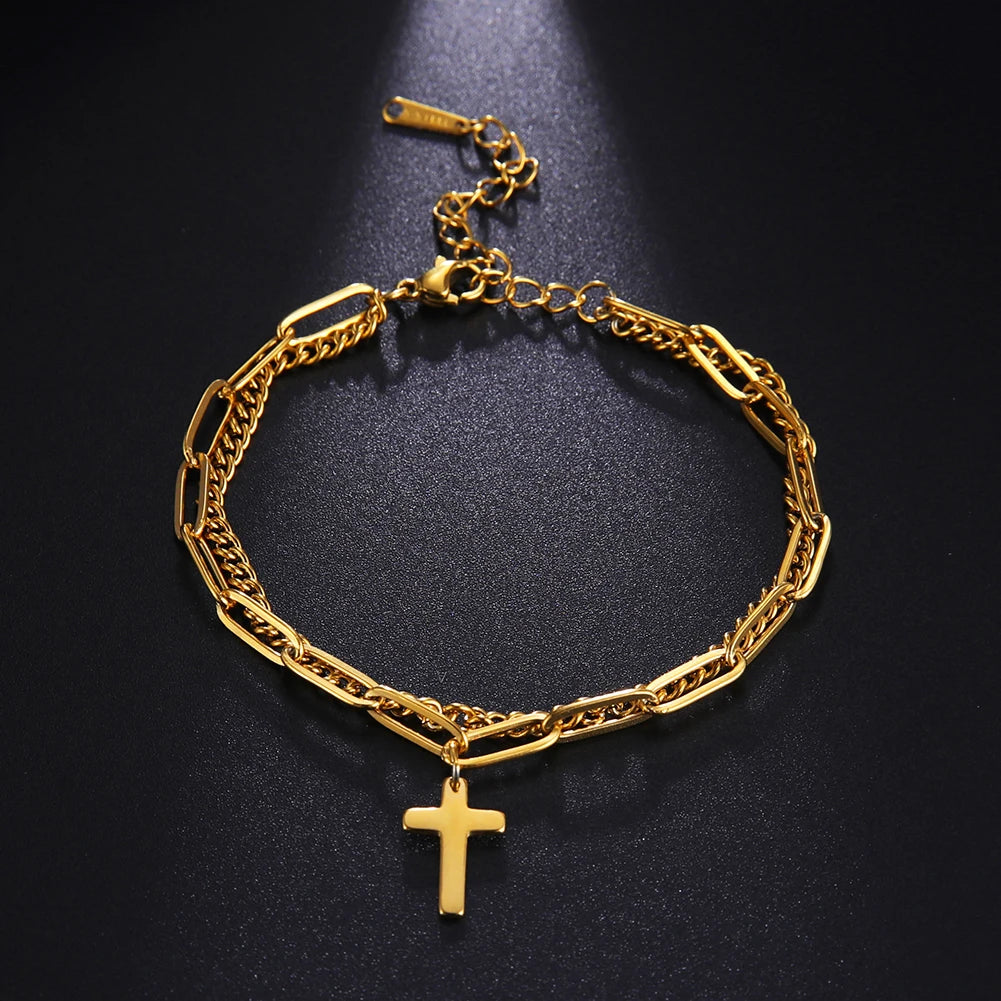 Stainless Steel Bracelets Vintage Classic Cross Pendant Jesus Christian Type Double Layer Chain for Women Men Jewelry Present