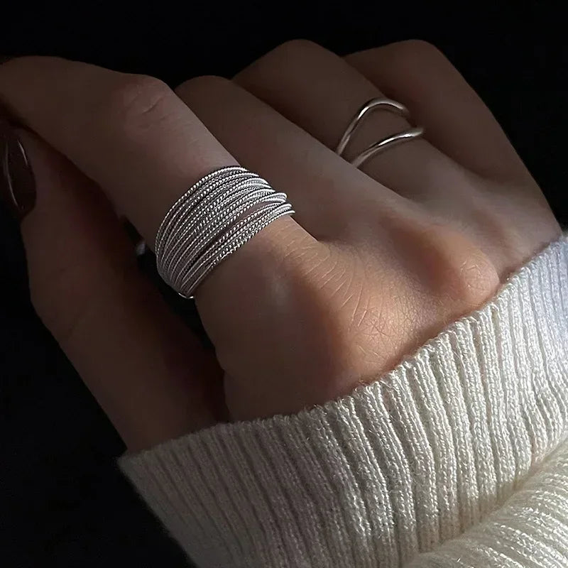 Silver Plated Unique Lines Ring For Women Jewelry Finger Adjustable  Vintage Ring For Party Birthday Gift Fashion Jewelry