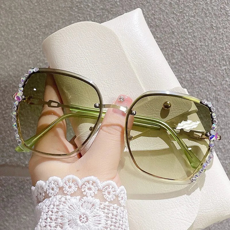 Rhinestone Decor Rimless Fashion Sunglasses For Women Men Casual Gradient Glasses For Summer Beach Party, UV400