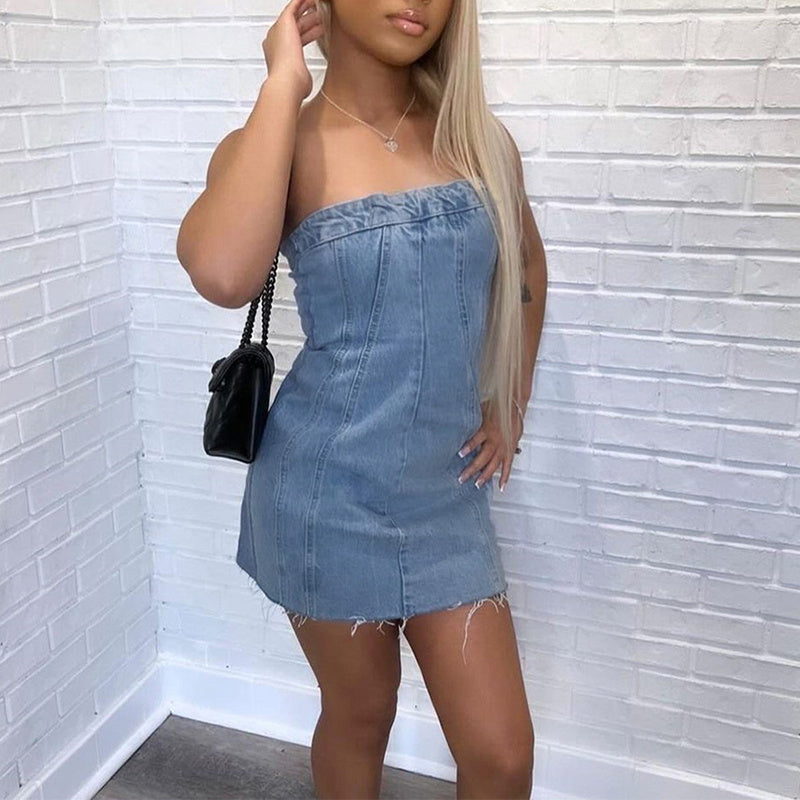 Fashion Backless Tube Denim Dress